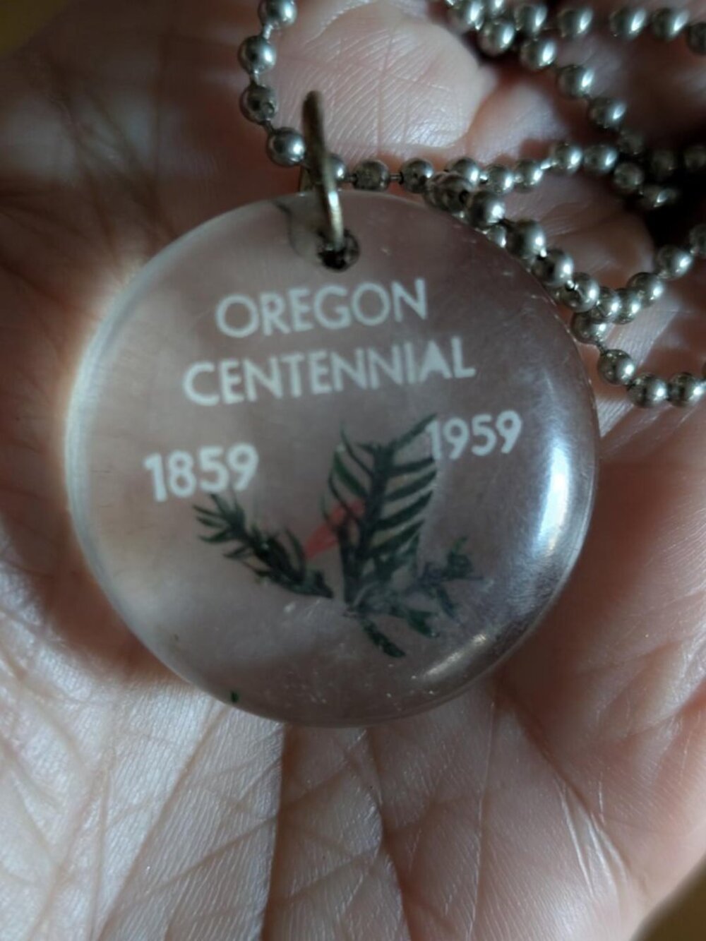 Rare Vintage Oregon Centennial 1859-1959 Clear Resin Pendant Necklace